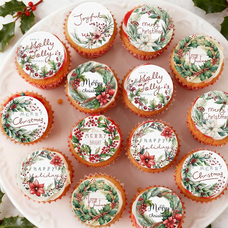Fyeoxle 36PCS Edible Merry Christmas Cupcake Toppers Wafer Paper Holly Jolly Cupcake Toppers Holly Leaves Berry Cake Picks for Christmas Theme Party Baby Shower Birthday Supplies - Image 3